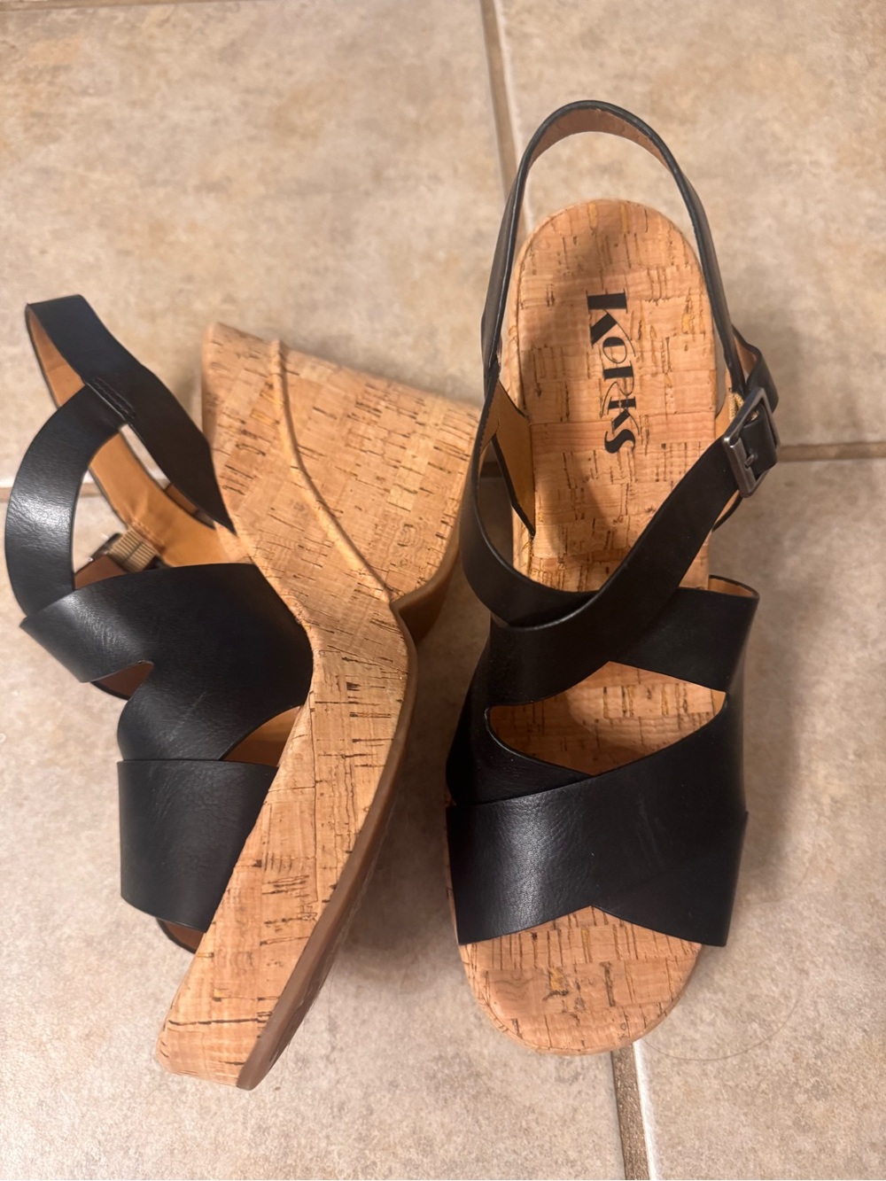 Kork-Ease Black Leather Cork Wedge Sandals - Picture 2 of 3